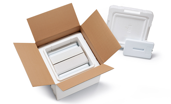 Un carton avec une boîte isolante blanche avec un autre carton intérieur et des blocs réfrigérants