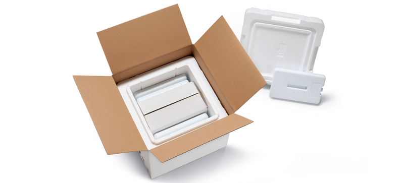 Un carton avec une boîte isolante blanche avec un autre carton intérieur et des blocs réfrigérants