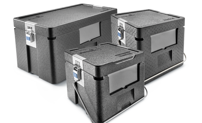 Trois boîtes isolantes noires avec des sangles de transport métalliques