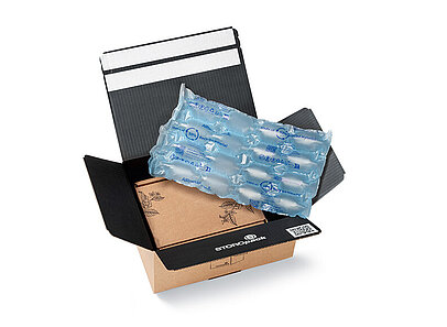 
			Open cardboard box with protective air cushions