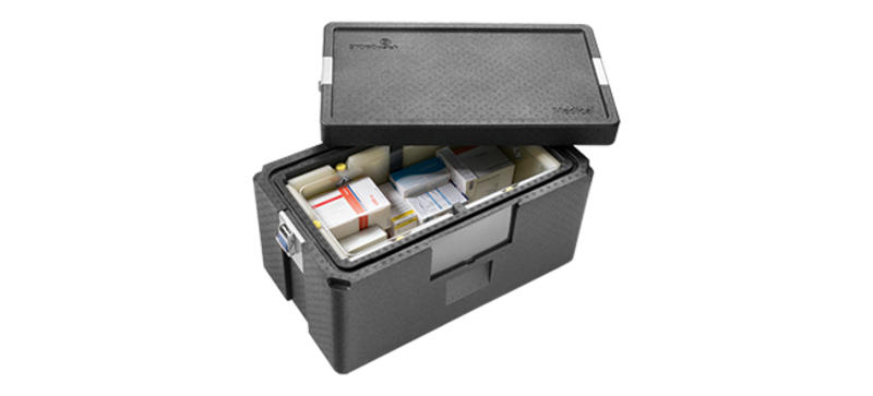 Une boîte isolante noire avec des médicaments