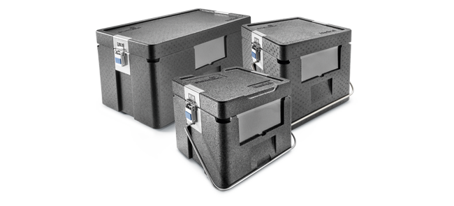 Trois boîtes isolantes noires avec des sangles de transport métalliques